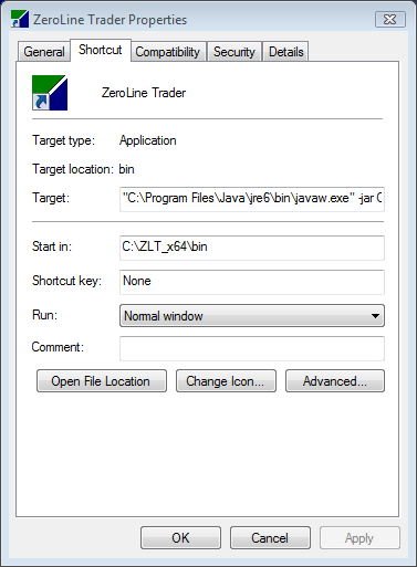 ZLT Desktop Shortcut Properties Screenshot